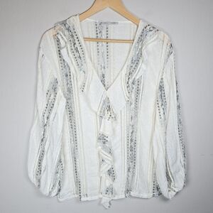 Zara Women's Ruffle Laced Top Long Balloon Sleeve V-Neck Sm Boho Chic Feminine